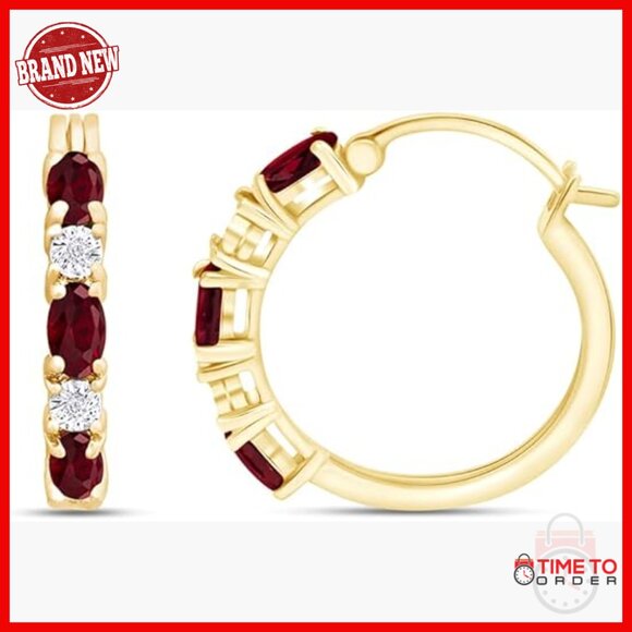 14k Gold Plated Sterling Silver Hoop Earrings with Ruby and Diamond